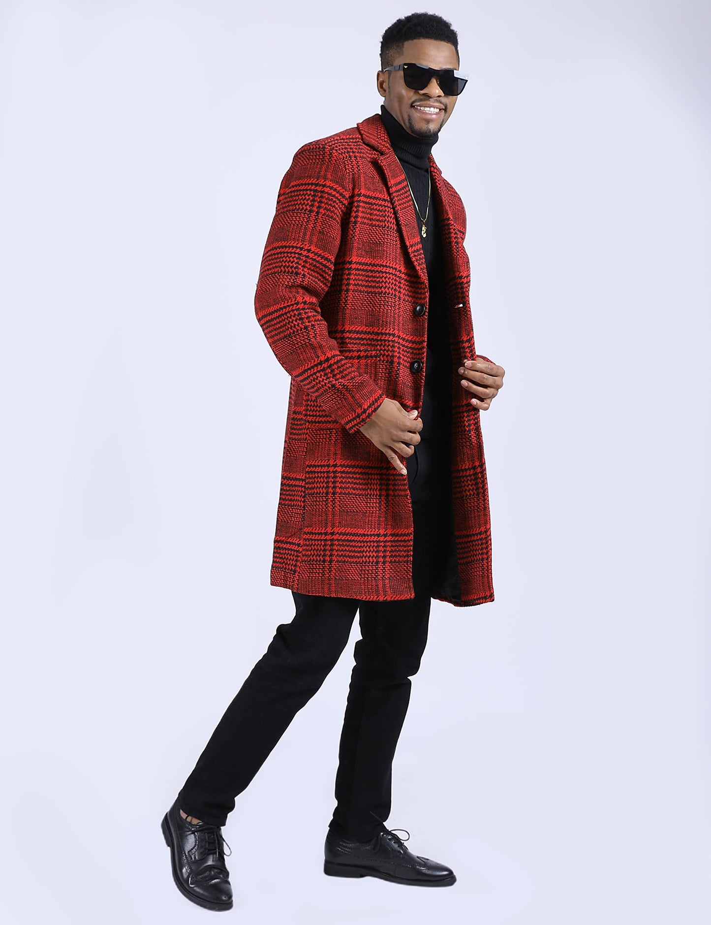 UANEO Mens Trench Coat Single Breasted Plaid Mid Long Peacoat Pea Coats (Wine Red, L)
