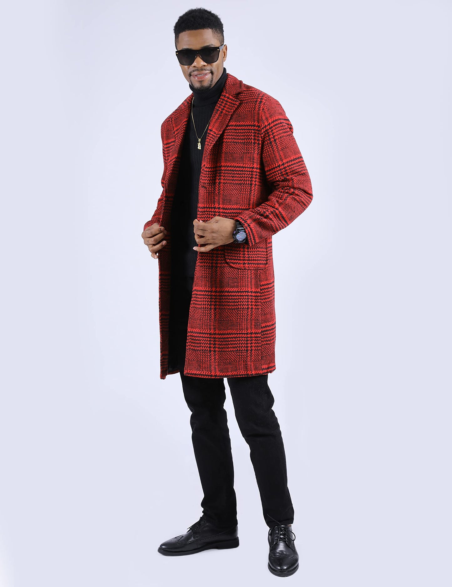 UANEO Mens Trench Coat Single Breasted Plaid Mid Long Peacoat Pea Coats (Wine Red, L)
