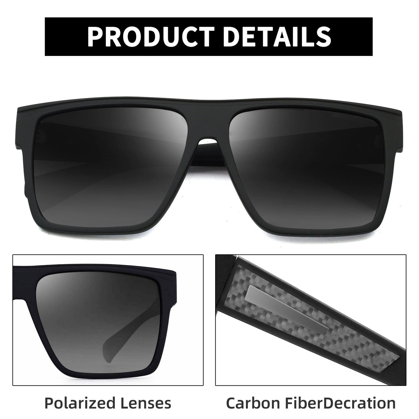 JIM HALO Retro Polarized Sunglasses Men Women Flat Top Square UV400 Glasses for Driving Fishing Hiking Golfing (Matte Black Frame/Polarized Grey Lens)