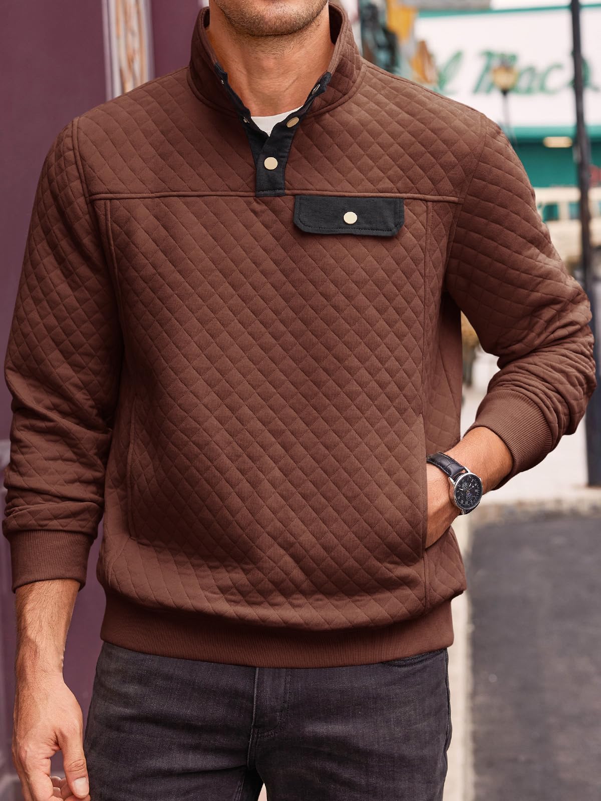 Runcati Mens Quilted Sweatshirt Stand Collar Casual Diamond Pullover Long Sleeve Quarter Button Sweatshirts Dark Brown