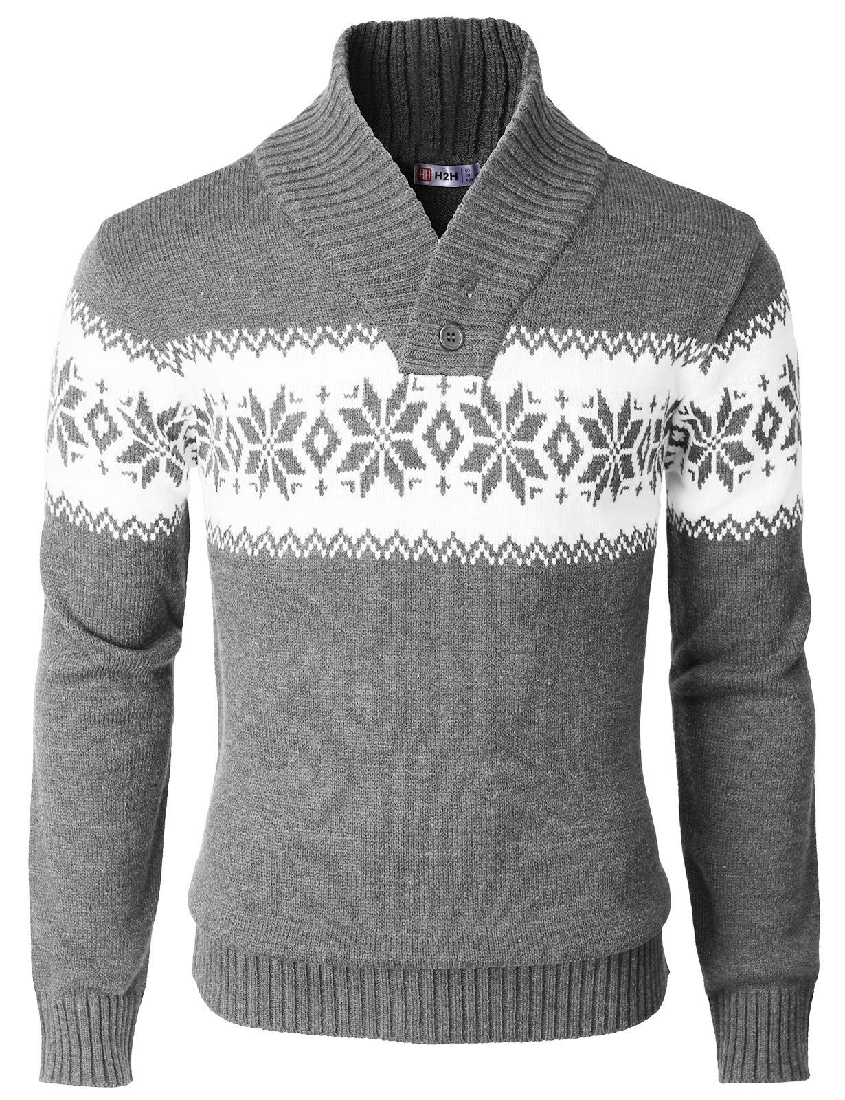H2H Mens Casual Slim Fit Shawl Collar Pullover Sweater with Snowflake Pattern Gray US L/Asia XL (KMOSWL0102)