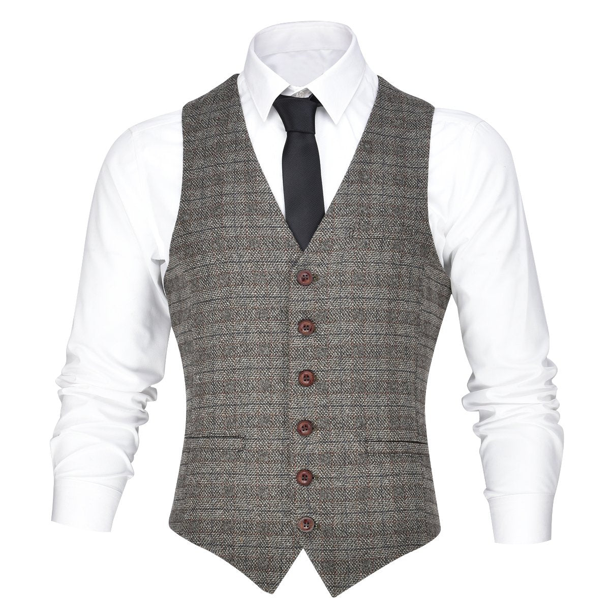 VOBOOM Men's V-Neck Suit Vest Casual Slim Fit Dress 6 Button Vest Waistcoat (Brown, Large)