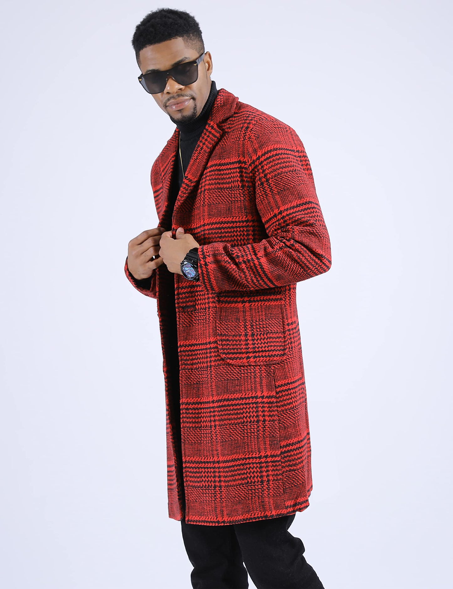 UANEO Mens Trench Coat Single Breasted Plaid Mid Long Peacoat Pea Coats (Wine Red, L)