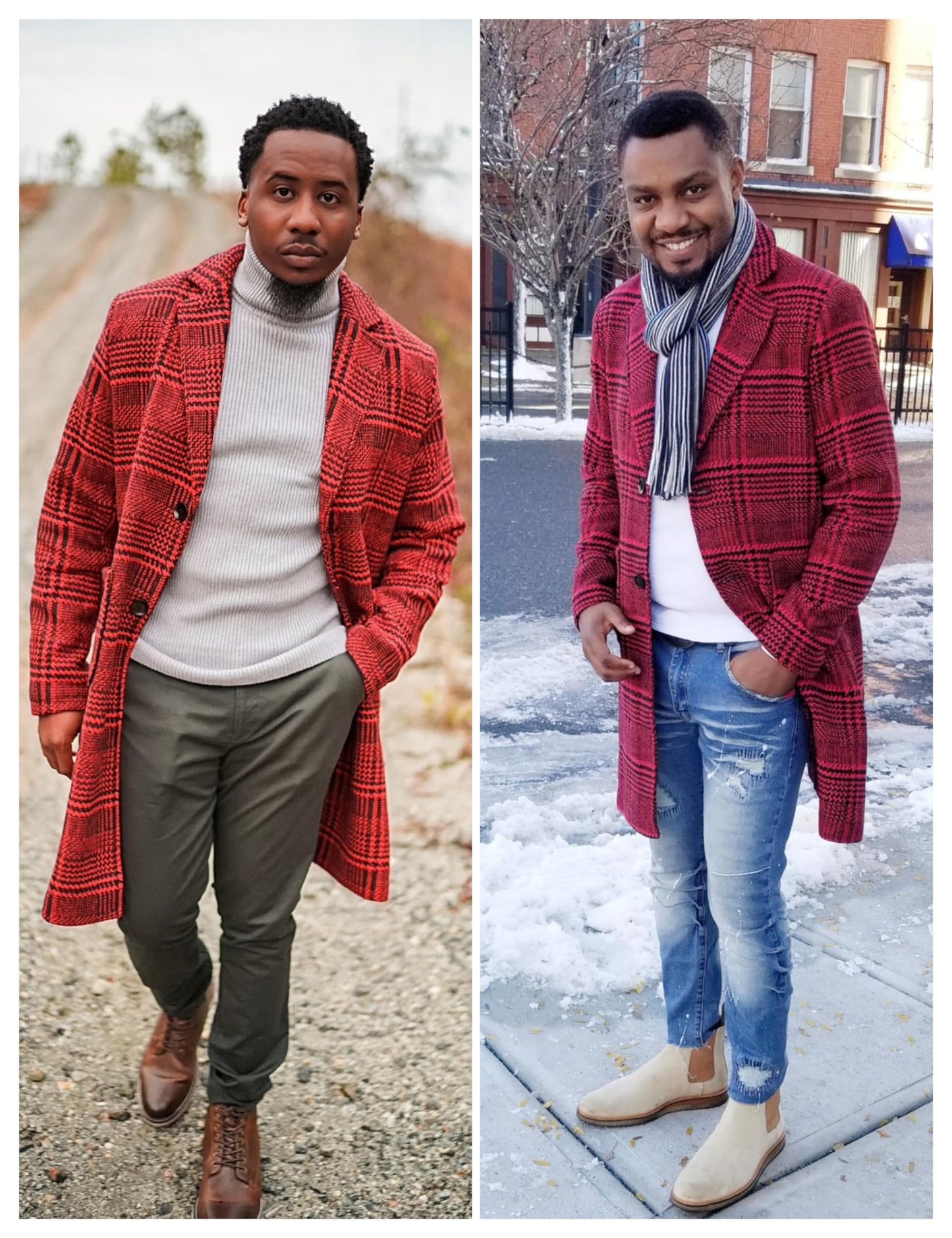 UANEO Mens Trench Coat Single Breasted Plaid Mid Long Peacoat Pea Coats (Wine Red, L)