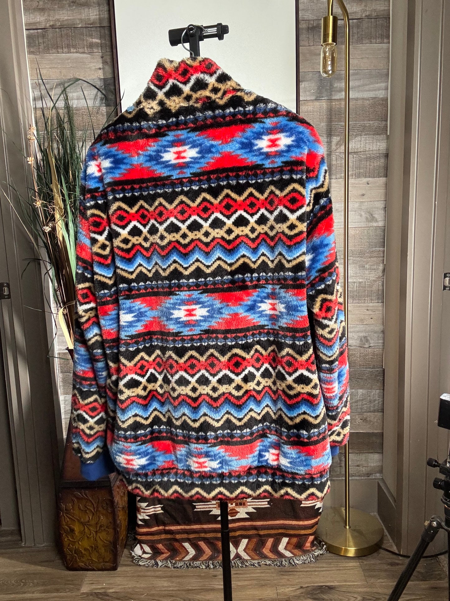 Men's Aztec Fleece Jacket Fuzzy Sherpa - Blue/Red, Size: XLARGE