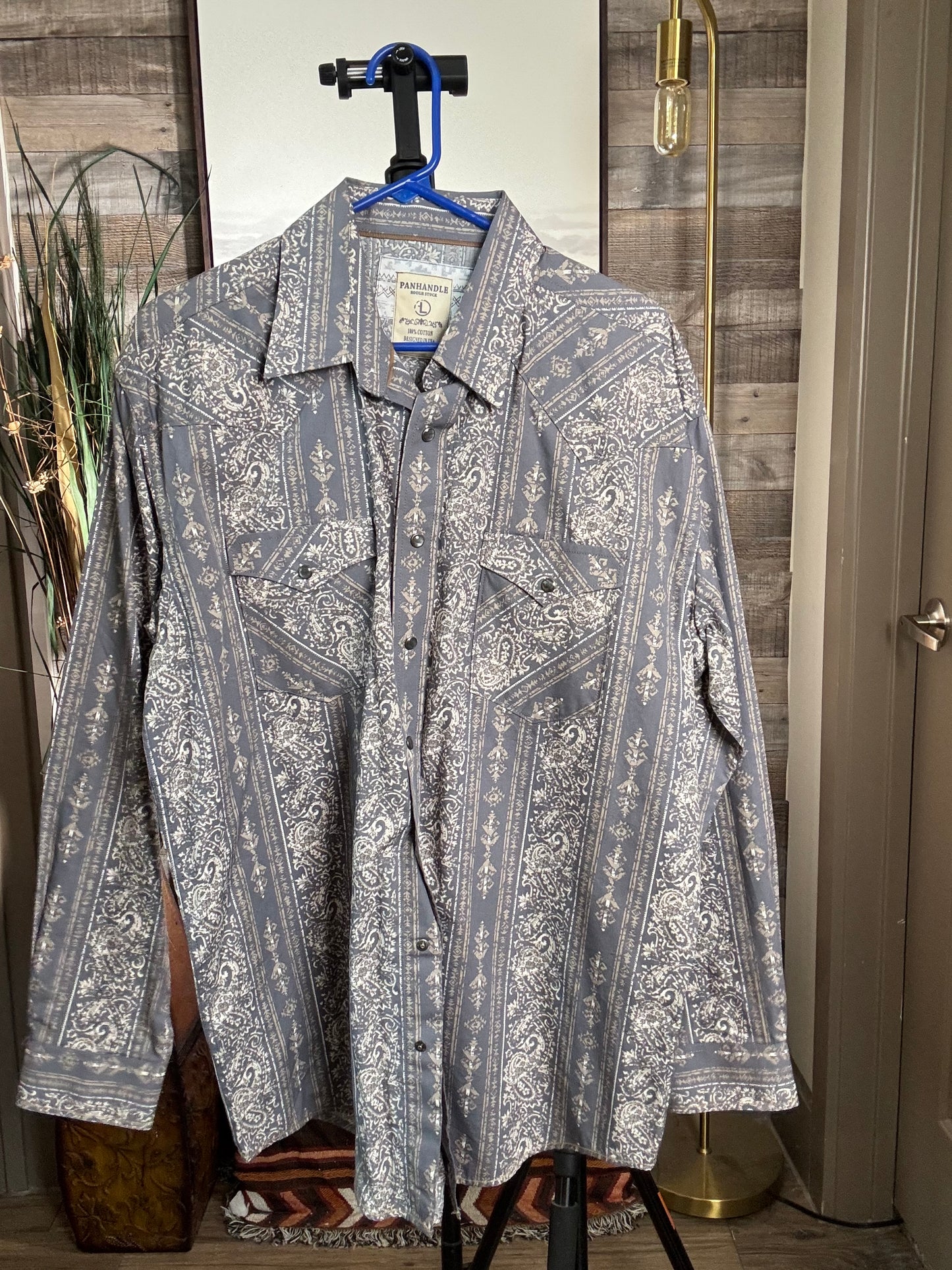 Panhandle Roughstock Men's Pearl Snap - Grey, Size: LARGE