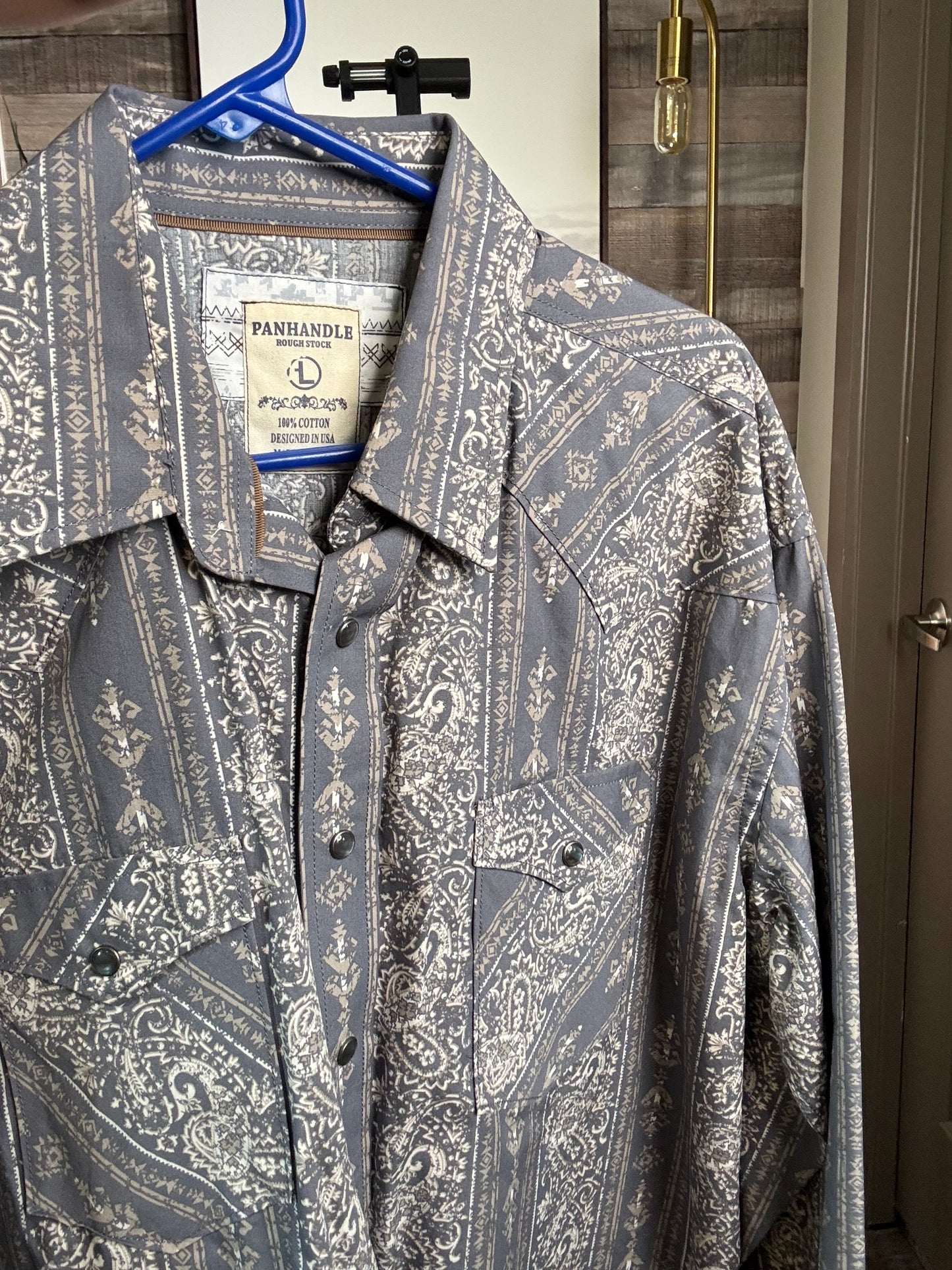 Panhandle Roughstock Men's Pearl Snap - Grey, Size: LARGE