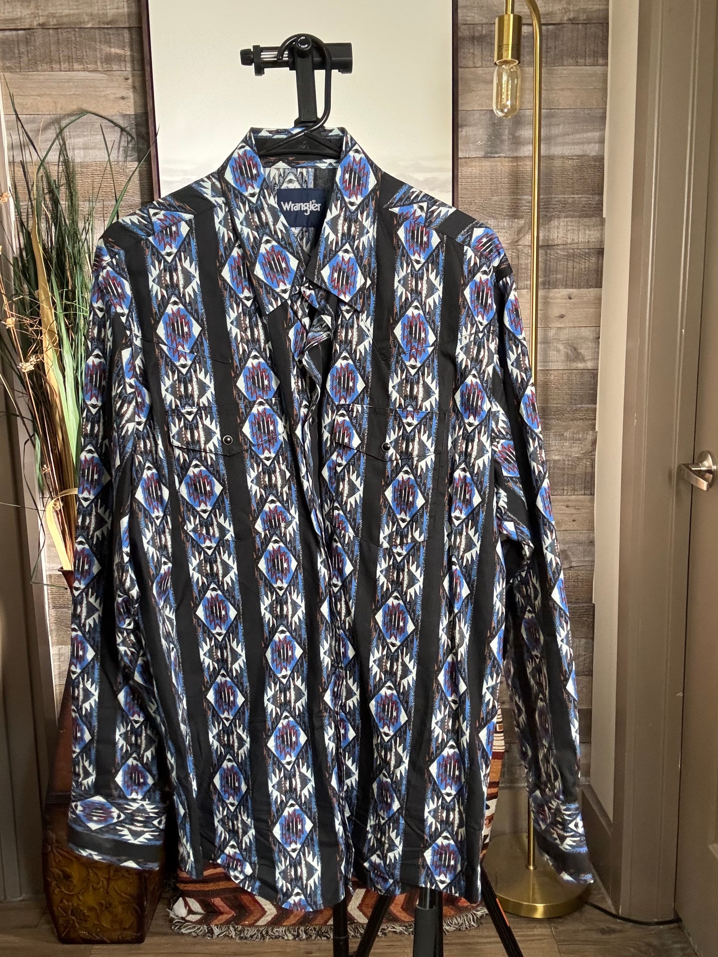 Wrangler Checotah Pearl Snap - Blue/Black, Size: LARGE