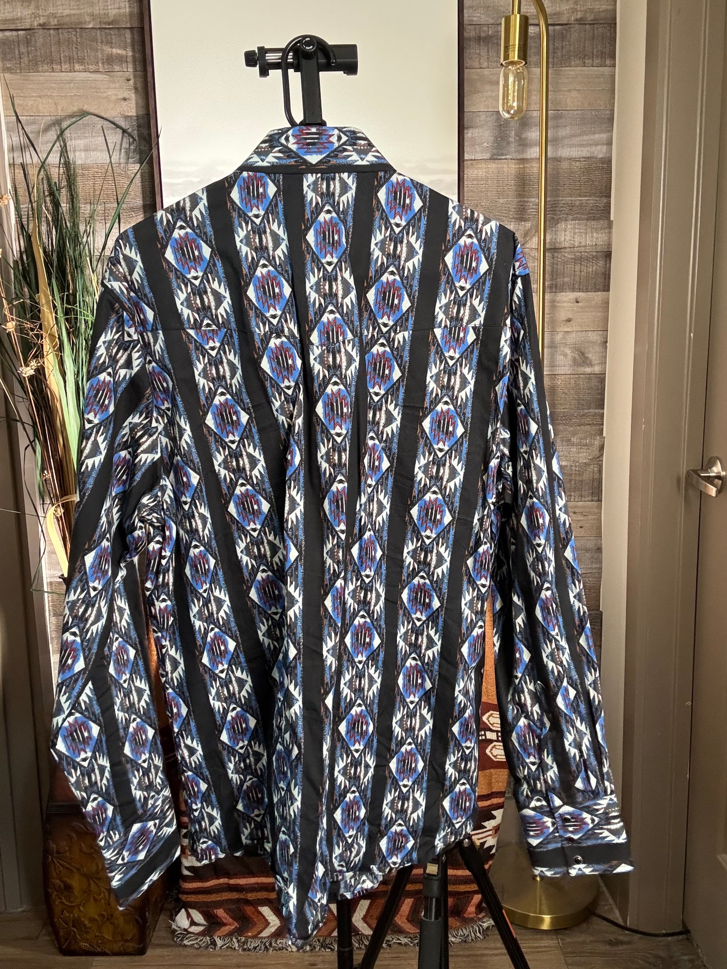 Wrangler Checotah Pearl Snap - Blue/Black, Size: LARGE