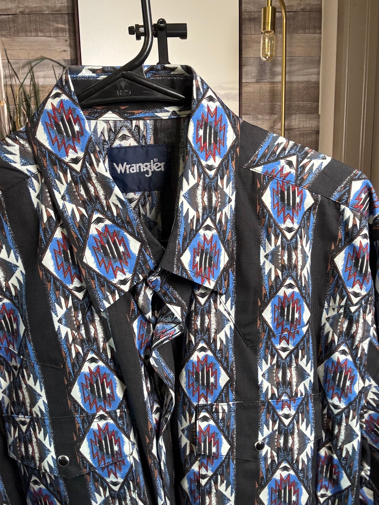 Wrangler Checotah Pearl Snap - Blue/Black, Size: LARGE