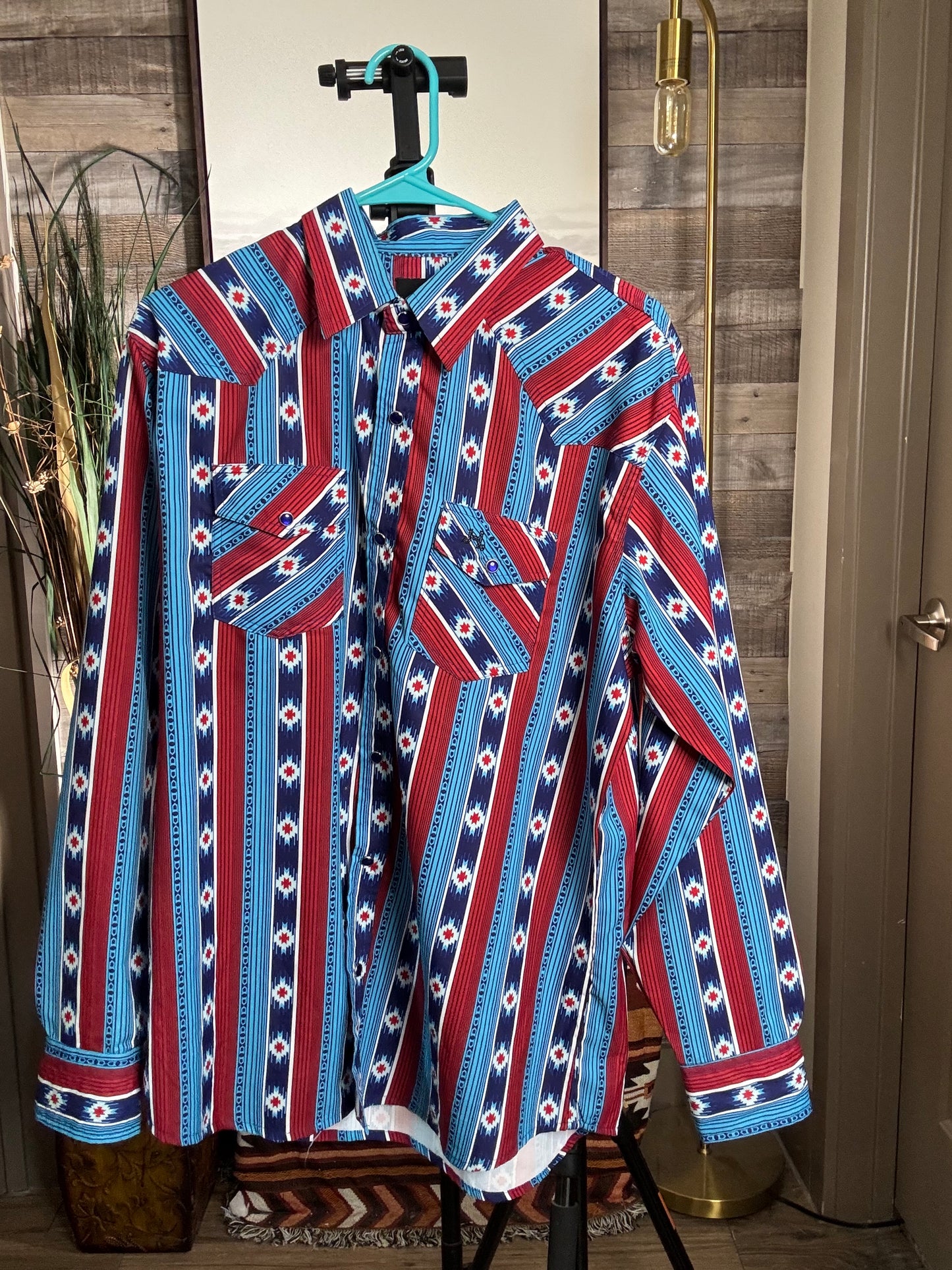 Jobes Hat Striped Pearl Snap - Blue/Red, Size: LARGE