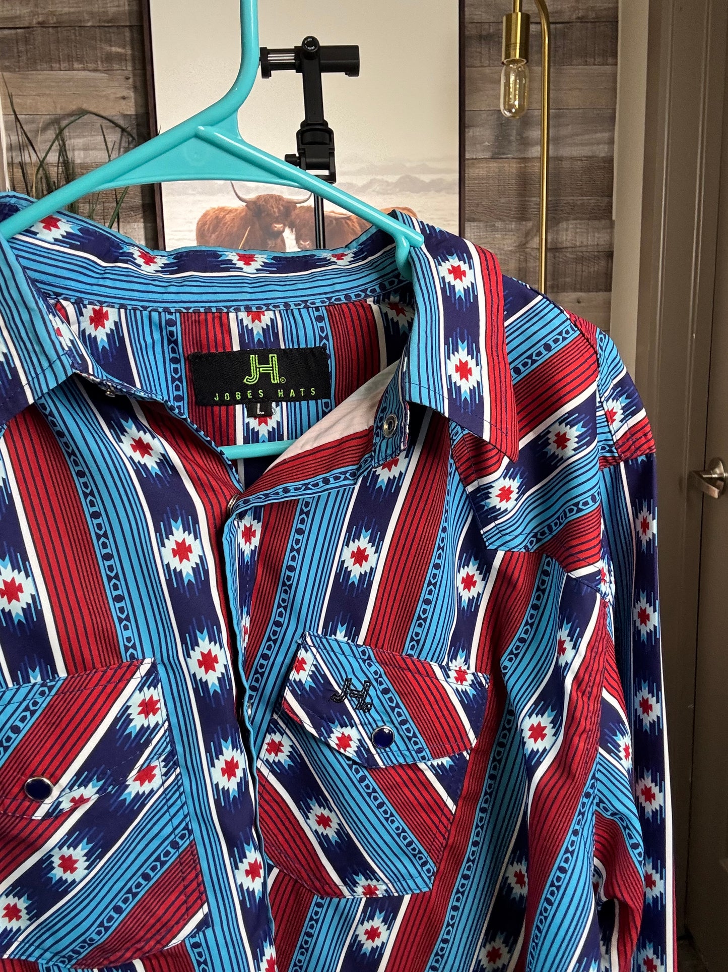 Jobes Hat Striped Pearl Snap - Blue/Red, Size: LARGE