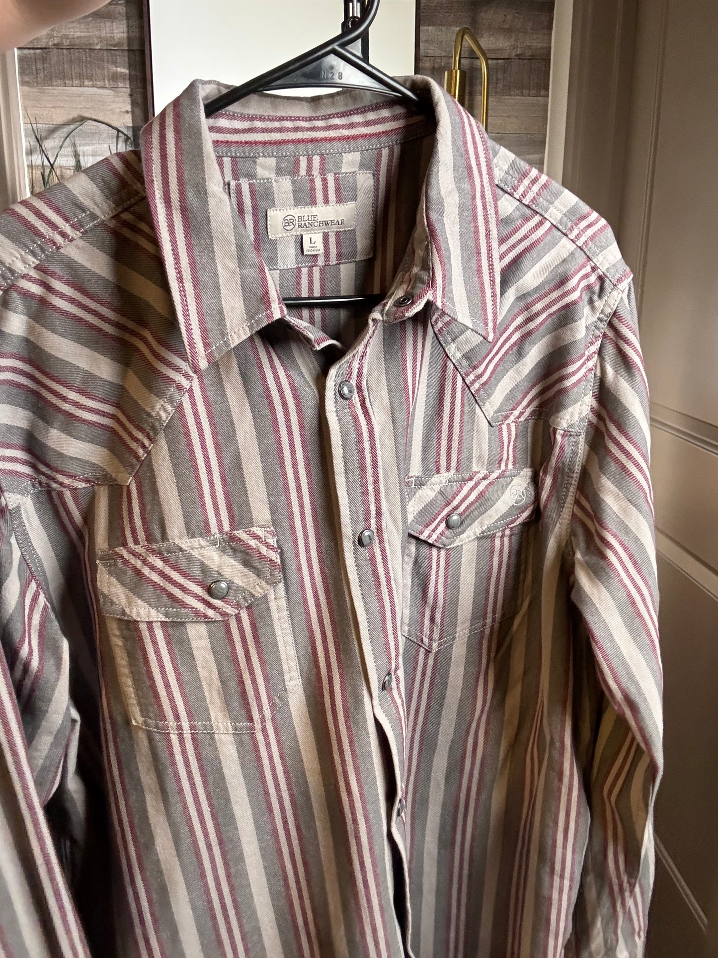 Blue Ranchwear Pearl Snap Shirt, Grey w/Maroon Stripe - SIZE: LARGE