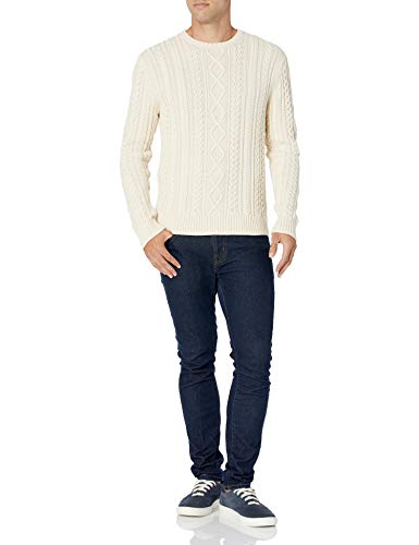 Amazon Essentials Men's Long-Sleeve 100% Cotton Fisherman Cable Crewneck Sweater, Off-White, Large