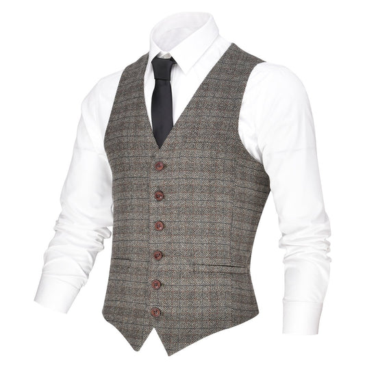 VOBOOM Men's V-Neck Suit Vest Casual Slim Fit Dress 6 Button Vest Waistcoat (Brown, Large)