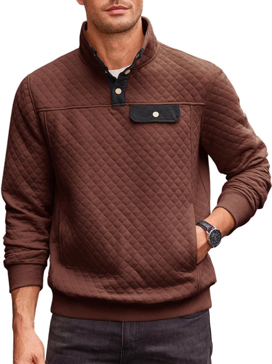 Runcati Mens Quilted Sweatshirt Stand Collar Casual Diamond Pullover Long Sleeve Quarter Button Sweatshirts Dark Brown