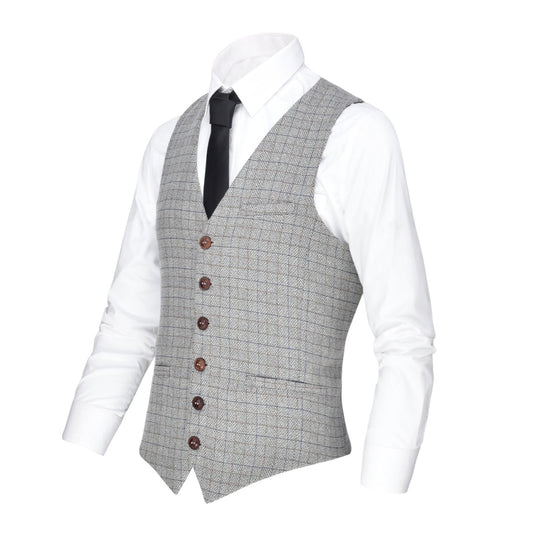 VOBOOM Men's V-Neck Suit Vest Casual Slim Fit Dress 6 Button Vest Waistcoat (Beige, Large)