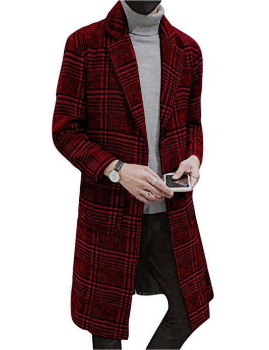 UANEO Mens Trench Coat Single Breasted Plaid Mid Long Peacoat Pea Coats (Wine Red, L)