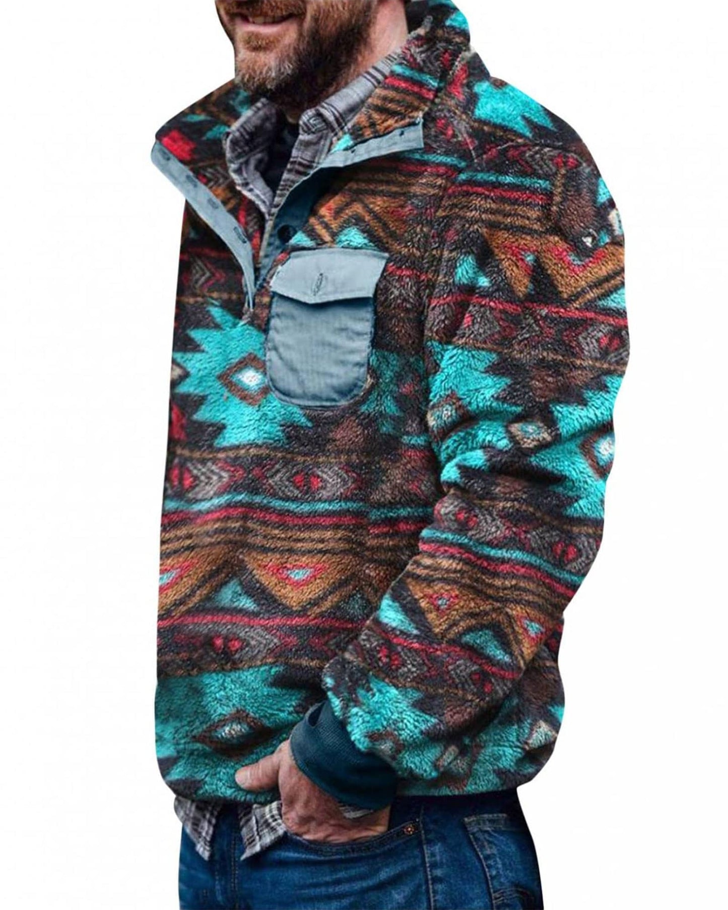 Beotyshow Mens Aztec Fleece Jackets Fuzzy Sherpa Pullover Sweatshirts Winter Coats Western Vintage Sweaters with Pocket