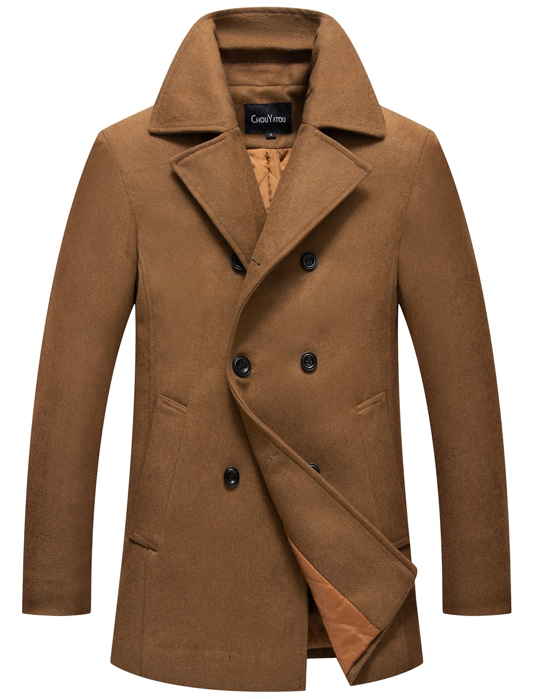 chouyatou Men's Classic Notched Collar Double Breasted Wool Blend Pea Coat (Large, Brown)