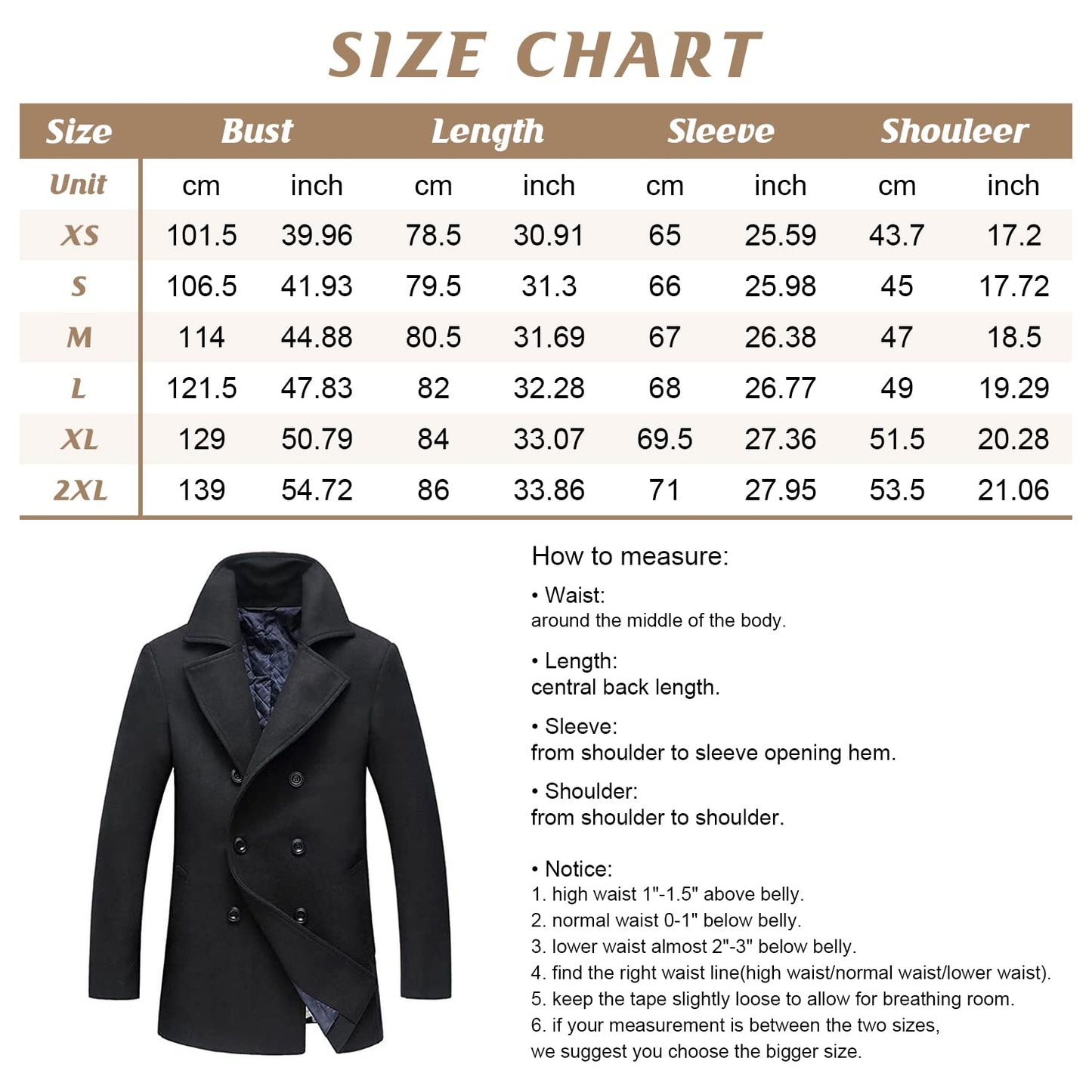 chouyatou Men's Classic Notched Collar Double Breasted Wool Blend Pea Coat (Large, Brown)