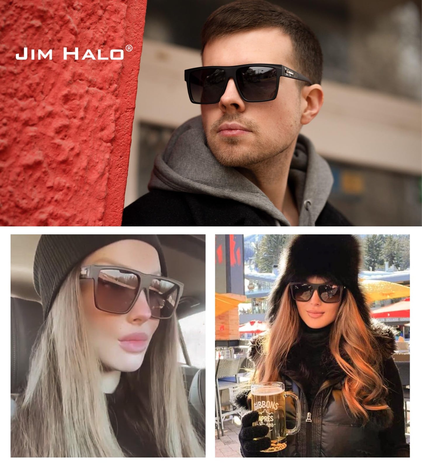 JIM HALO Retro Polarized Sunglasses Men Women Flat Top Square UV400 Glasses for Driving Fishing Hiking Golfing (Matte Black Frame/Polarized Grey Lens)