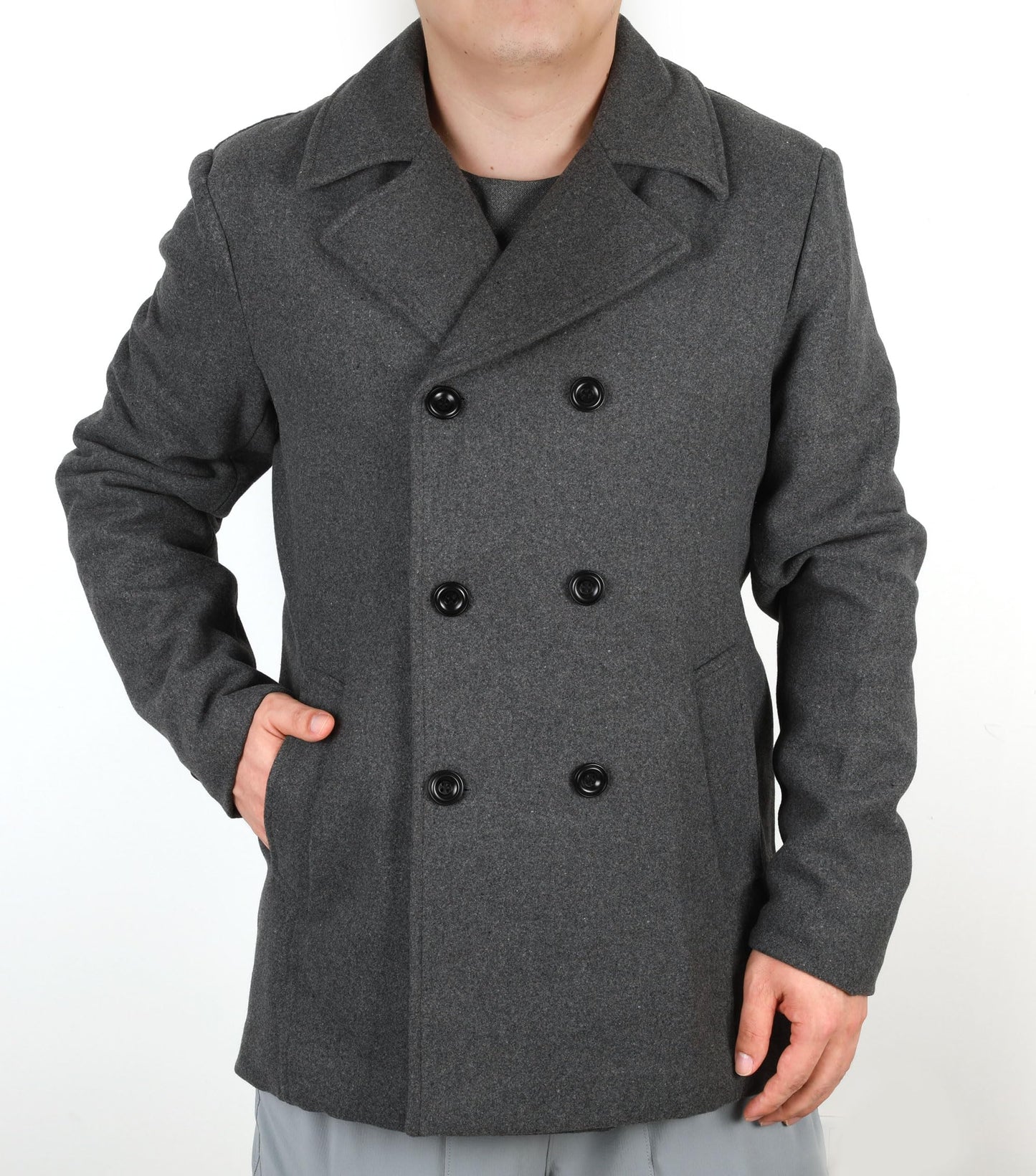 chouyatou Men's Classic Notched Collar Double Breasted Wool Blend Pea Coat (Large, Gray)