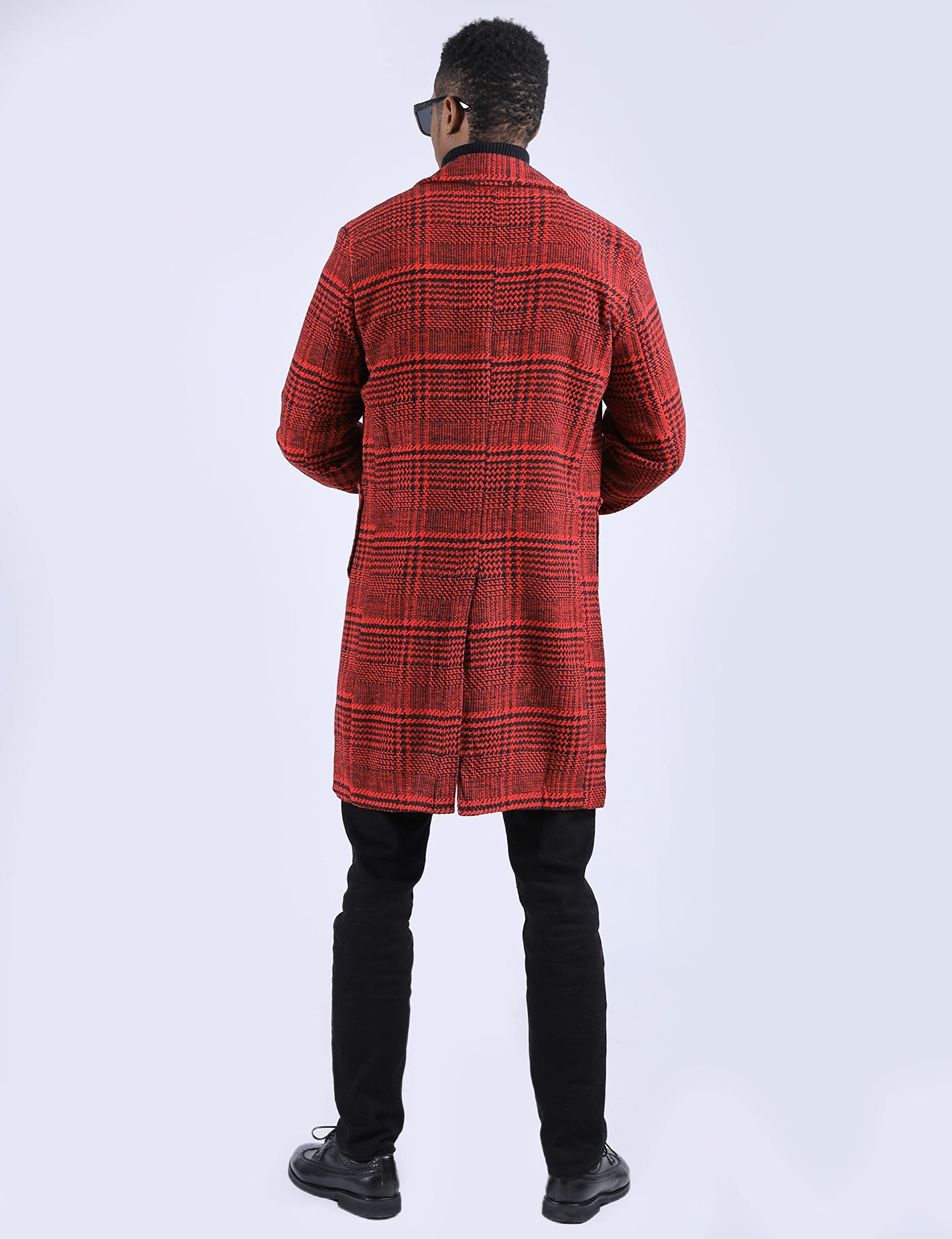 UANEO Mens Trench Coat Single Breasted Plaid Mid Long Peacoat Pea Coats (Wine Red, L)