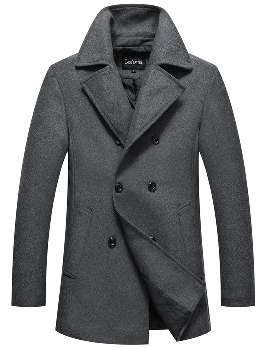 chouyatou Men's Classic Notched Collar Double Breasted Wool Blend Pea Coat (Large, Gray)