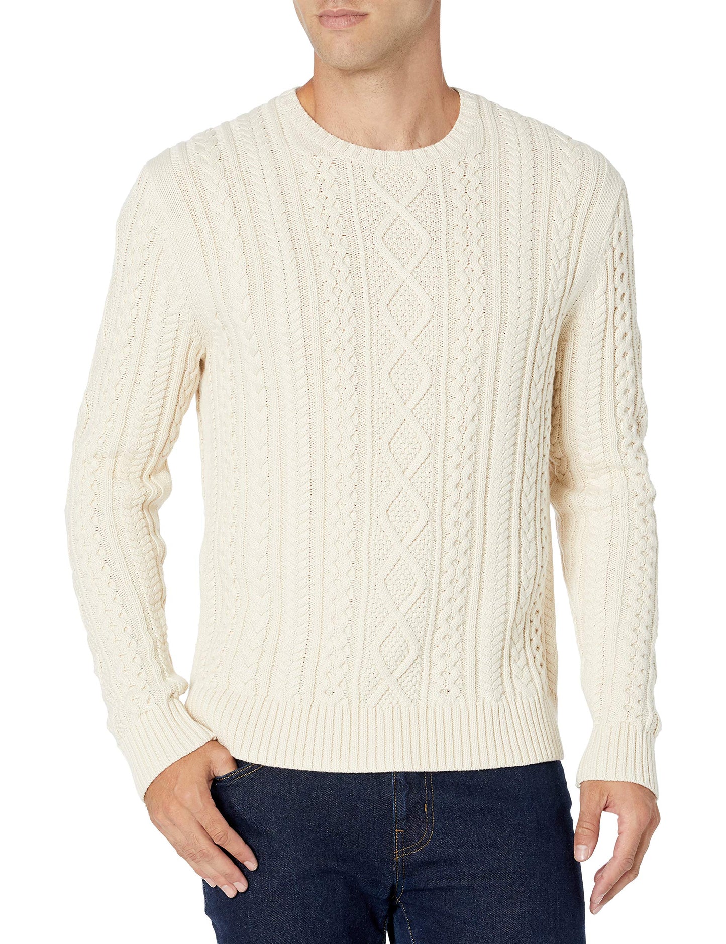 Amazon Essentials Men's Long-Sleeve 100% Cotton Fisherman Cable Crewneck Sweater, Off-White, Large