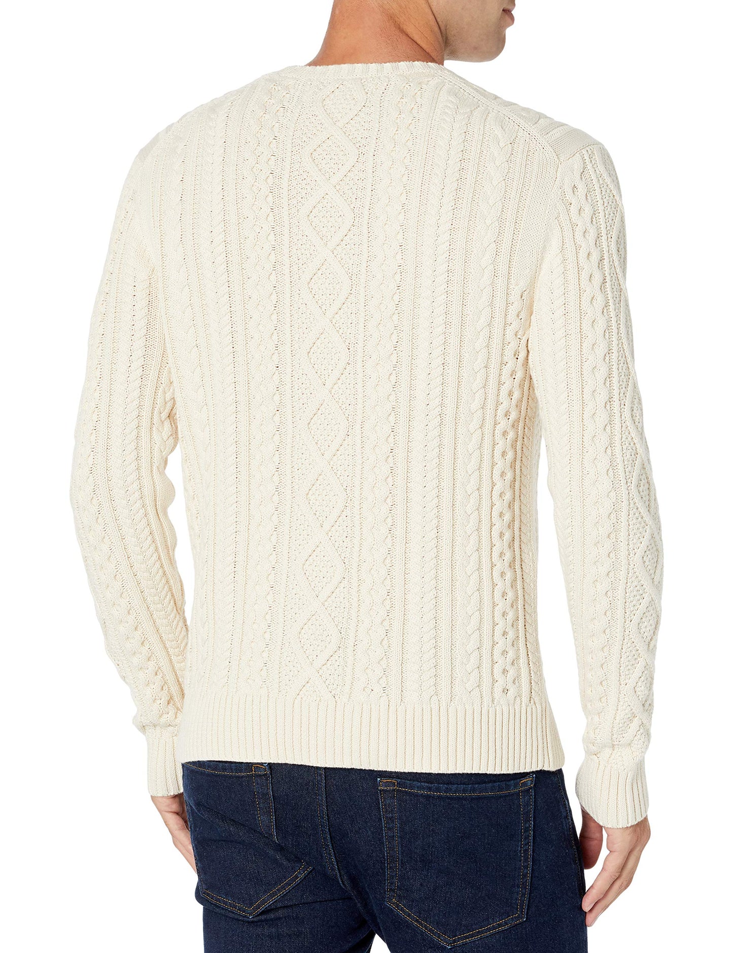 Amazon Essentials Men's Long-Sleeve 100% Cotton Fisherman Cable Crewneck Sweater, Off-White, Large