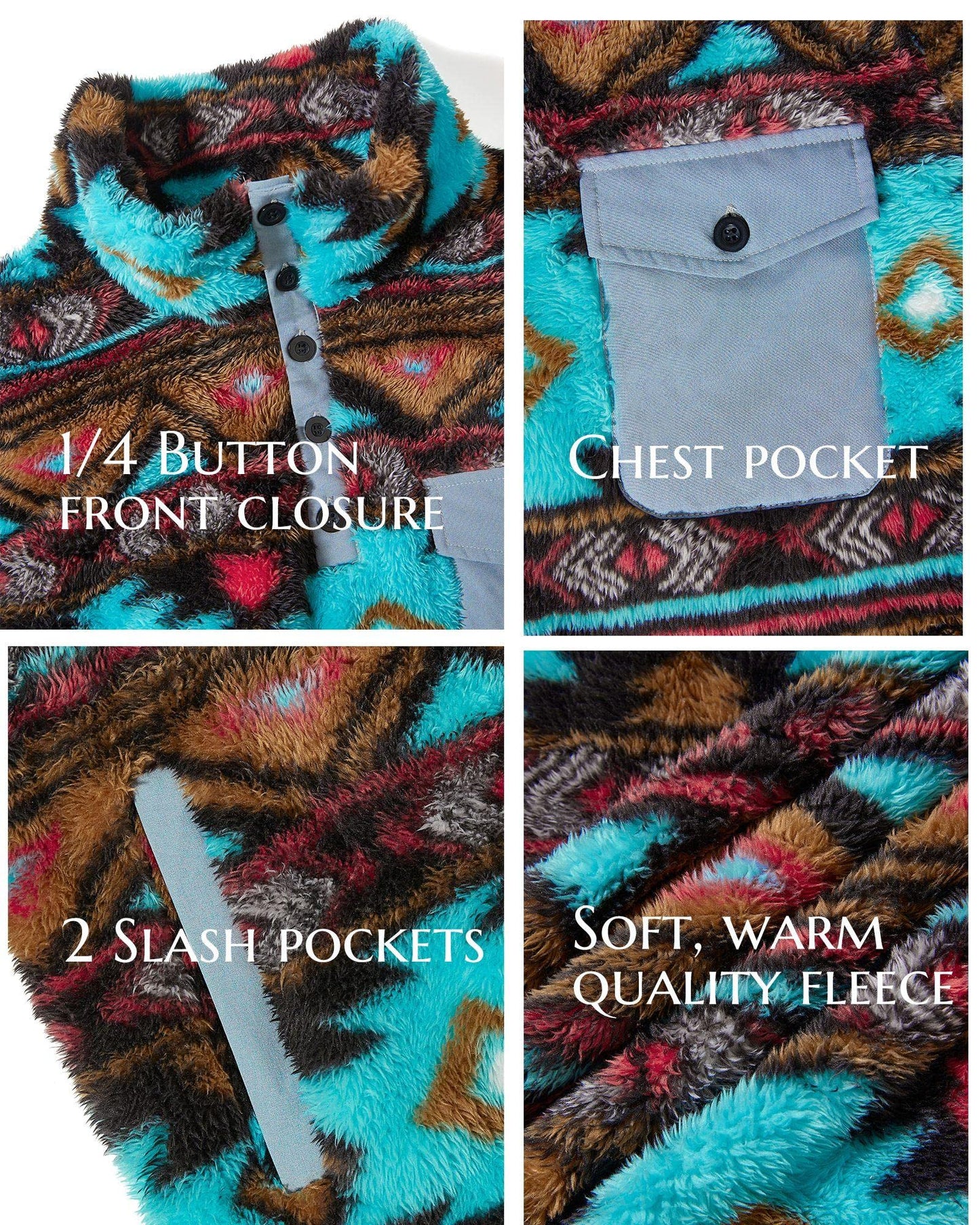 Beotyshow Mens Aztec Fleece Jackets Fuzzy Sherpa Pullover Sweatshirts Winter Coats Western Vintage Sweaters with Pocket